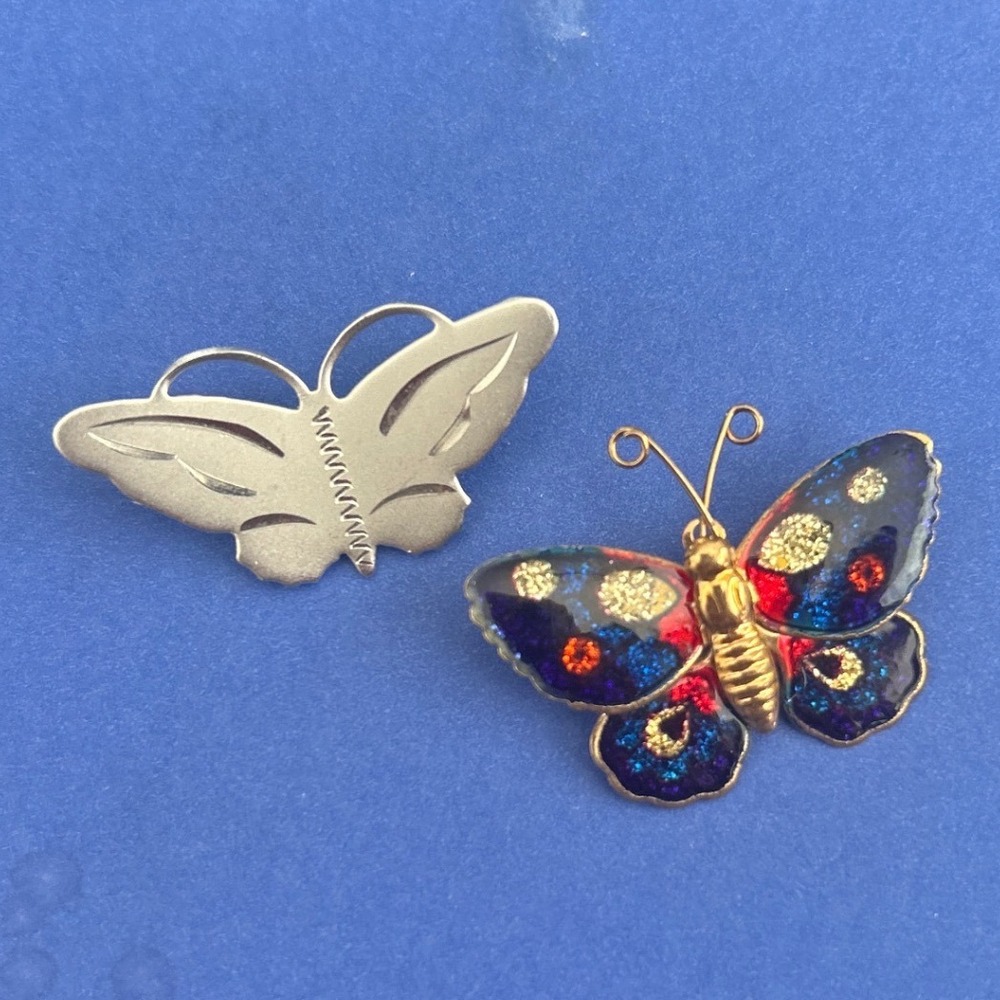 Vtg Butterfly Brooch Set 1970s Gold Tone Enamel Glitter & Silver Tone Etched 2pc